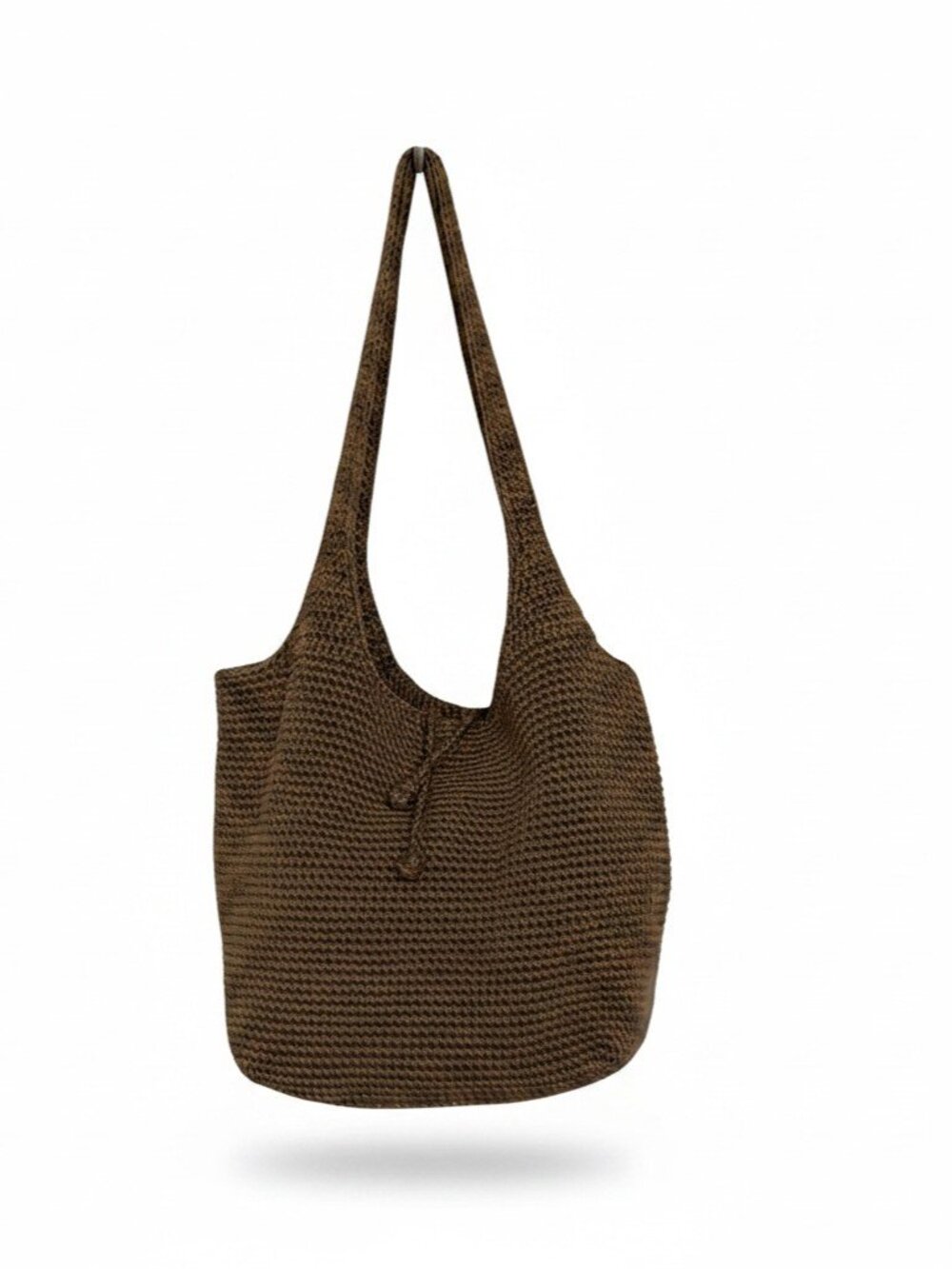 Crochet Shoulder Bag Chocolate Beige Boho Tie Closure